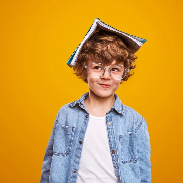 Kind mit Buch auf dem Kopf