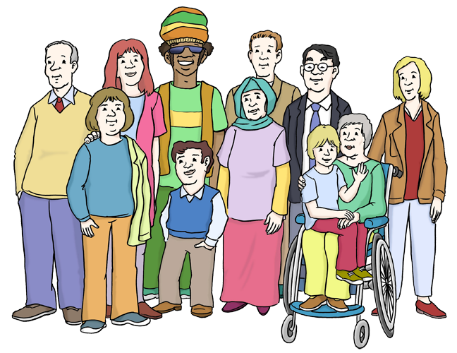 Illustration einer vielfältigen Menschengruppe: unterschiedliche Alters- und Personengruppen stehen eng beieinander – Kinder, Jugendliche, Erwachsene und Senioren; darunter eine Frau im Rollstuhl, eine Frau mit Kopftuch und ein Mann mit bunter Mütze –, die zusammen Vielfalt und Inklusion symbolisieren.