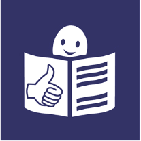 Weißes Icon auf blauem Hintergrund: Ein stilisiertes, lächelndes Gesicht schaut über ein aufgeschlagenes Buch, in dem ein Daumen-hoch-Symbol und Textzeilen zu sehen sind.